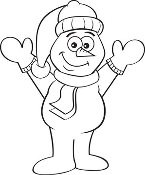 Black and white illustration of a happy snowman with his arms in the air.