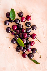 Ripe juicy cherries berries background. Overhead view, flat lay