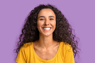 Pure Joy. Beauty Portrait Of Happy Brunette Woman Sincerely Smiling At Camera