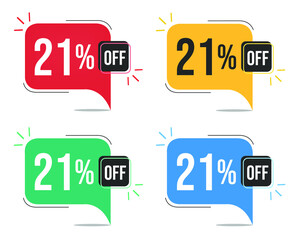 21% off. Red, yellow, green and blue tags with twenty-one percent discount. Banner with four colorful balloons with special offers vector.