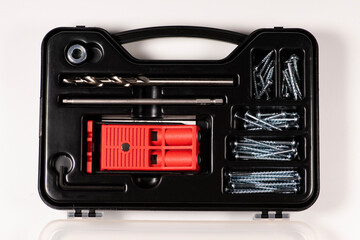 Red Pocket hole jig, dowel jig isolated image on white background