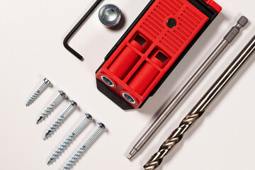 Red Pocket hole jig, dowel jig isolated image on white background