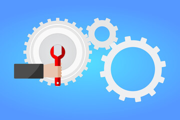 Hands of the mechanic are holding the red wrench for setting the cogwheel of the gear. Flat design lay to repair concept idea, system maintenance, or configuration on blue background. Vector concept