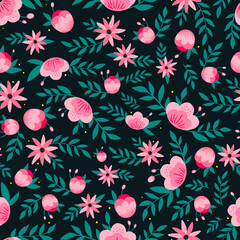 Fototapeta premium Cute floral seamless pattern of abstract pink flowers and green leaves on dark grey background. Good for textile prints, wrapping paper, packaging, wallpaper, scrapbooking, stationery, bedding, etc. 