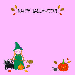 Fototapeta premium halloween party invitation,Halloween witch with pumpkin, black cat, spider and broom-the main attributes of the celebration on a pink background