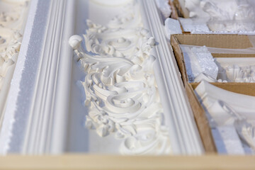 Products of the Dikart gypsum stucco moulding plant. Moscow, Russia