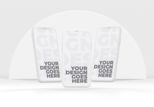3 White Clay Smartphones in Vertical Position with Semicircle Background