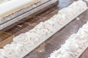 Products of the Dikart gypsum stucco moulding plant. Moscow, Russia
