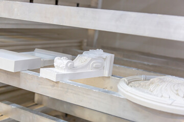 Products of the Dikart gypsum stucco moulding plant. Moscow, Russia