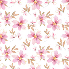 Pink watercolor flowers seamless pattern. Delicate background with glitter