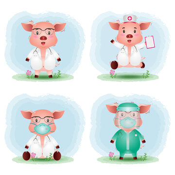 Cute Pigs With Medical Staff Team Doctor And Nurse Costume Collection