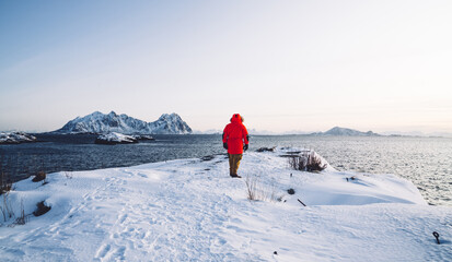 Back view of male traveler walking on snowy island coast near cold nordic sea water, man wanderlust looking at scandinavian nature and fjords