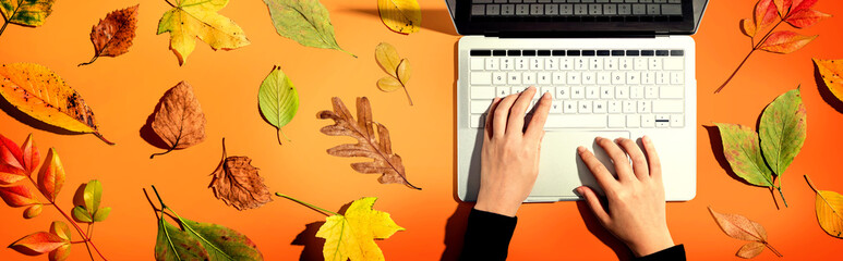 Autumn leaves with person using a laptop computer from above
