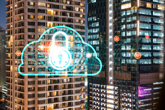 Glowing Padlock hologram, night panoramic city view of Bangkok, Asia. The concept of cyber security to protect companies. Double exposure.