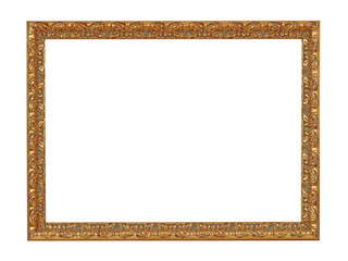 Wooden frame for paintings with gold patina. Isolated on white