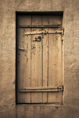 old wooden door in a concrete gray wall