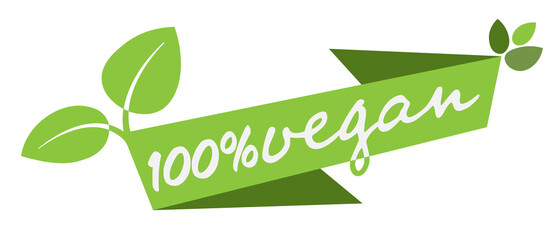 green 100 percent vegan banner or label with leaves vector illustration