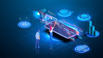 Modern business technologies. Remote connecting, isometric man work with multimedia service. Investments and virtual Finance. Communication and modern marketing.  Vector illustration