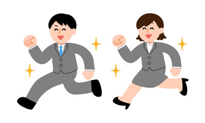 走るスーツ姿の男女
