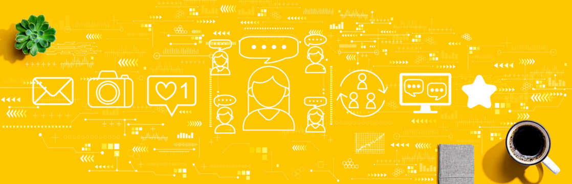 Social media theme with a cup of coffee and a notebook - Powered by Adobe