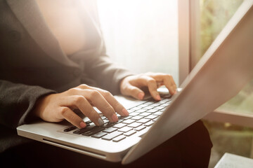 Searching Browsing Internet Data Information with blank search bar.businessman working with smart phone, tablet and laptop computer on desk in office. Networking Concept