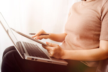 Naklejka premium Searching Browsing Internet Data Information with blank search bar.businessman working with smart phone, tablet and laptop computer on desk in office. Networking Concept
