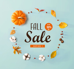 Fall sale banner with autumn leaves and an orange pumpkin