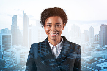 Successful smiling black African American business woman in suit. Bangkok cityscape. The concept of woman in business. Legal consultant. Double exposure.