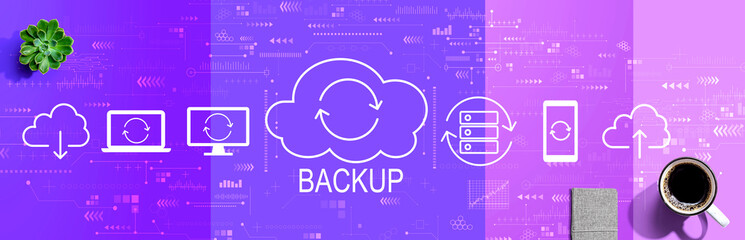 Backup concept with a cup of coffee and a notebook