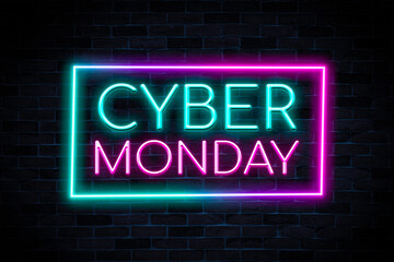 Fototapeta na wymiar Cyber Monday SALE neon flash light, bright signboard, season sale,discount price tag,neon sign, light banner.