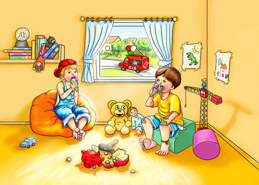Jungen sitzen barfuß in Kinderzimmer Spielzeug Teddy Eiswagen vor Fenster Eis schlecken lecken genießen essen Sparschwein kaputt geschlachtet Hammer Boden lächeln Lachen Freude Freundschaft zusammen
