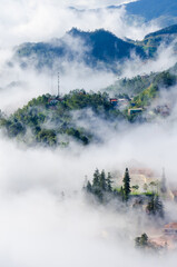 Sapa valley city in the mist in the morning, Vietnam