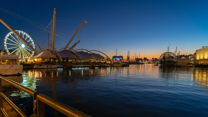 Porto Antico Old Port at sunset in Genoa in Italy.