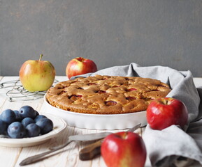 Freshly baked summer round pie with apples and plums in a white ceramic form on a gray...