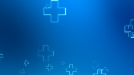 Medical health blue cross neon light shapes pattern background. Abstract healthcare technology and science concept.