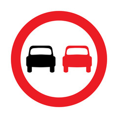 No overtaking road sign. Vector illustration of red circle traffic sign with two passing cars icon inside. Prohibition sign isolated on white background.