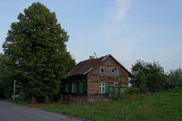 Fototapeta na wymiar old wooden house on the grass next to a tall tree