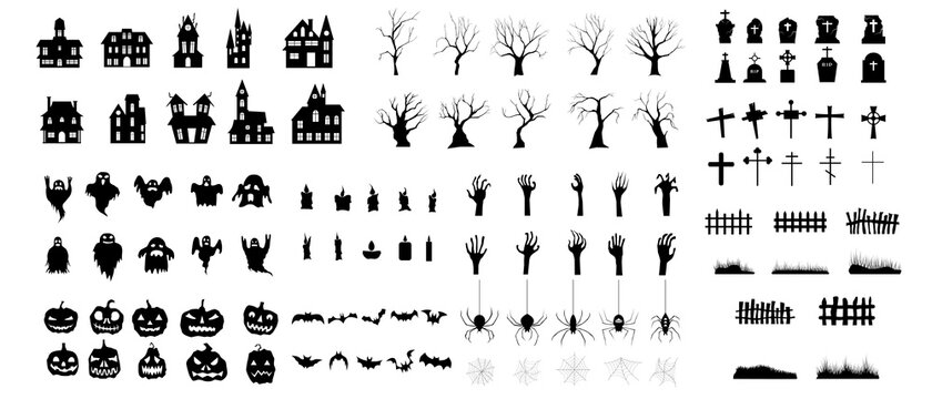 Set of silhouettes of Halloween. The shadow collection on Halloween. Set of icon for celebration. Vector illustration.