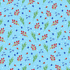 Watercolor Christmas seamless pattern with berries and branches
