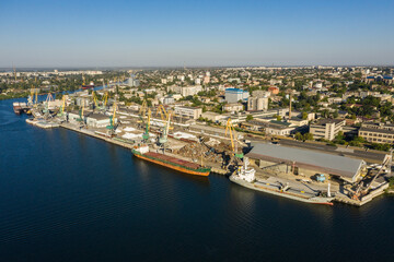 Fototapeta na wymiar Kherson city cargo port near the Dnieper river aerial view