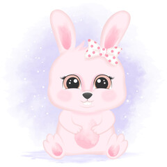 Cute baby rabbit hand drawn cartoon watercolor illustration