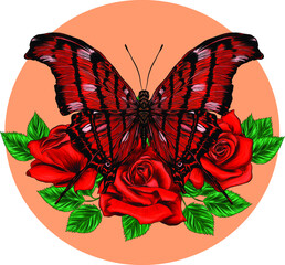 beautiful red butterfly and roses vector illustration