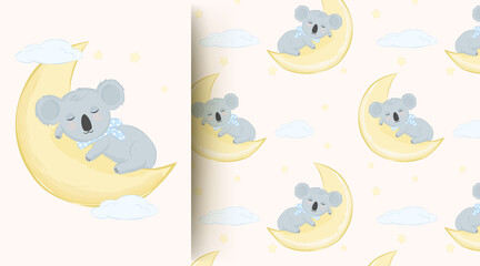 Cute animal baby koala sleeping on the moon seamless pattern © kheat