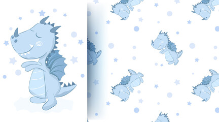 Cute animal baby dragon seamless pattern