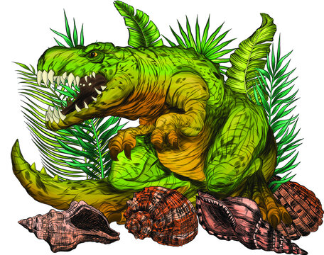 Tyrannosaurus ancient dinosaur with leaves vector illustration