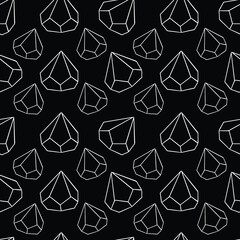 Silver diamond crystal geometric abstract seamless pattern. Outline florarium stone accessory decoration isolated on black. Metal background.