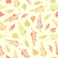 Autumn leaves watercolor seamless pattern on yellow background
