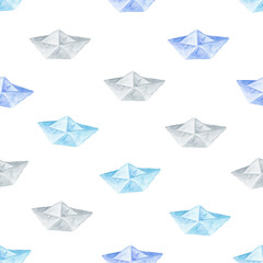 Paper boat watercolor seamless pattern on white background