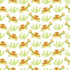 Naklejka premium Turtle and plants watercolor seamless pattern
