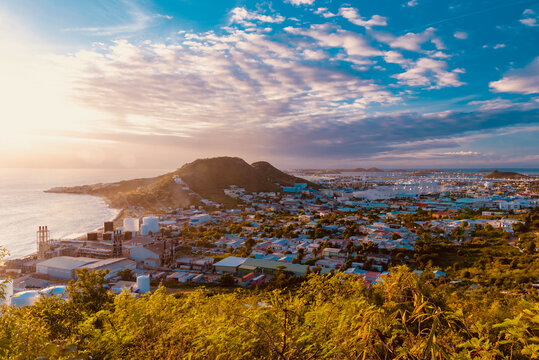 sint Maarten, Caribbean - January 20 2020: Aerial view of the Caribbean island of Sint Marteen at Sunset